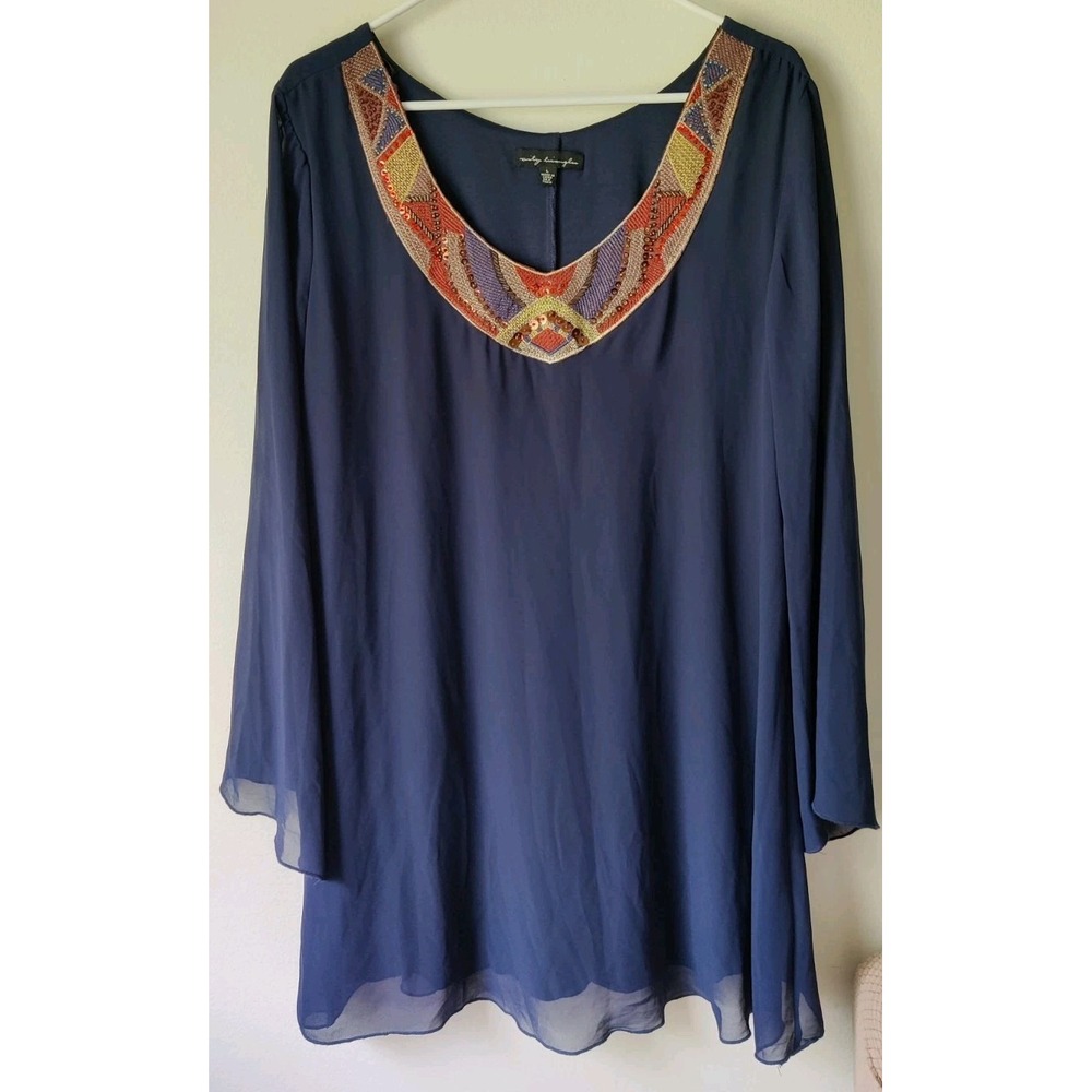City Triangles Women's Beaded Tunic Dress Midnight Blue Long Sheer Sleeves Sz L